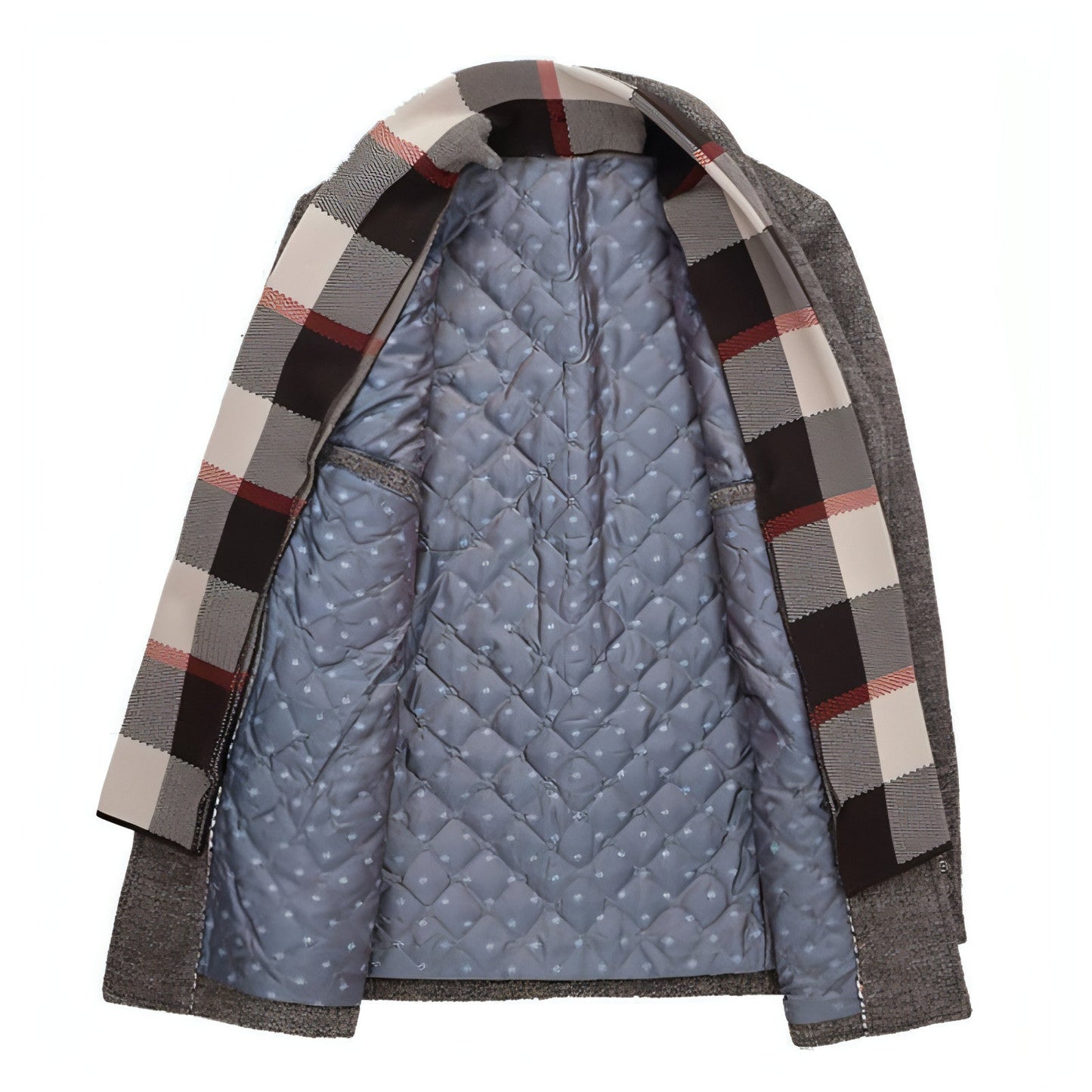 Veste mi-saison avec doublure matelassée bleue et écharpe à carreaux beige, noire et rouge.