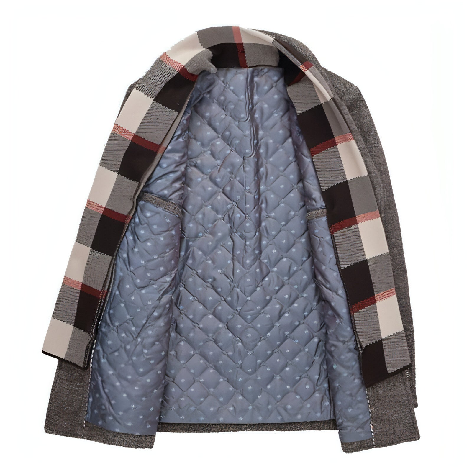 Veste mi-saison avec doublure matelassée bleue et écharpe à carreaux beige, noire et rouge.