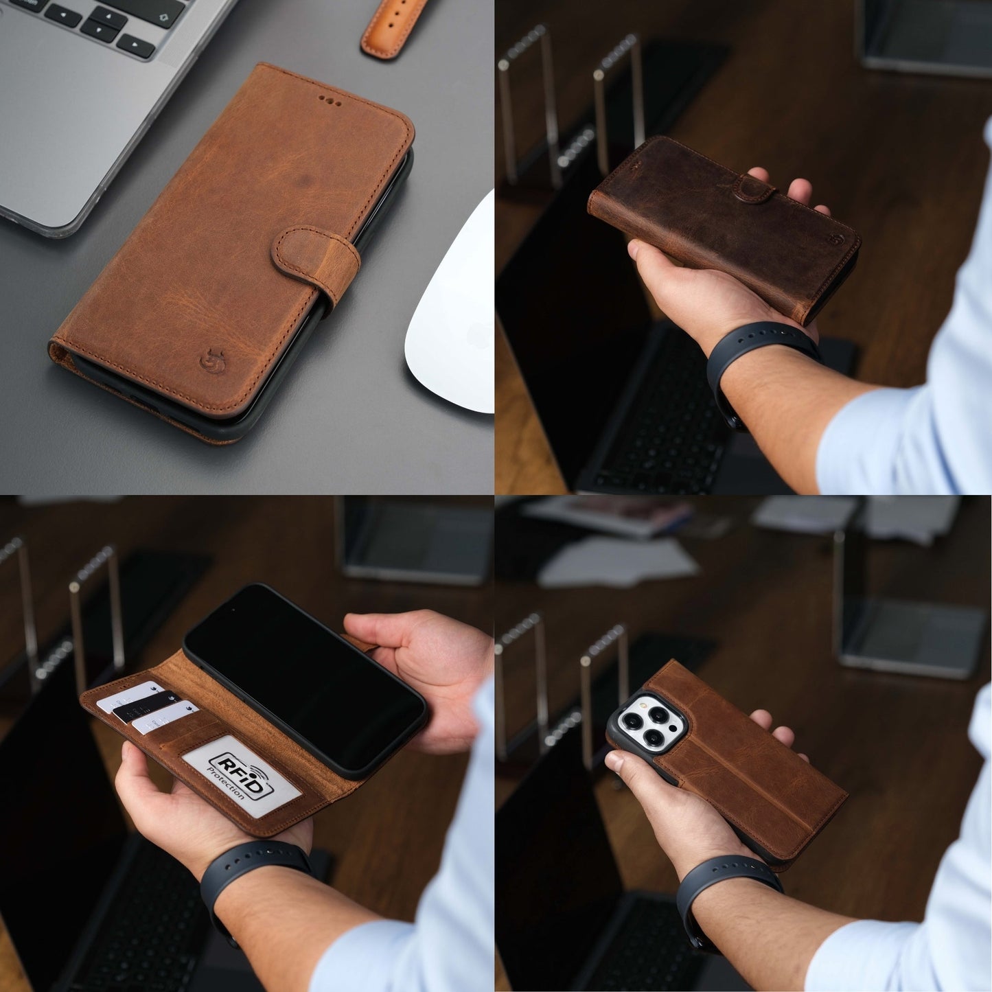 Coque portefeuille en cuir marron pour iPhone, rabat avec boucle et fente pour cartes