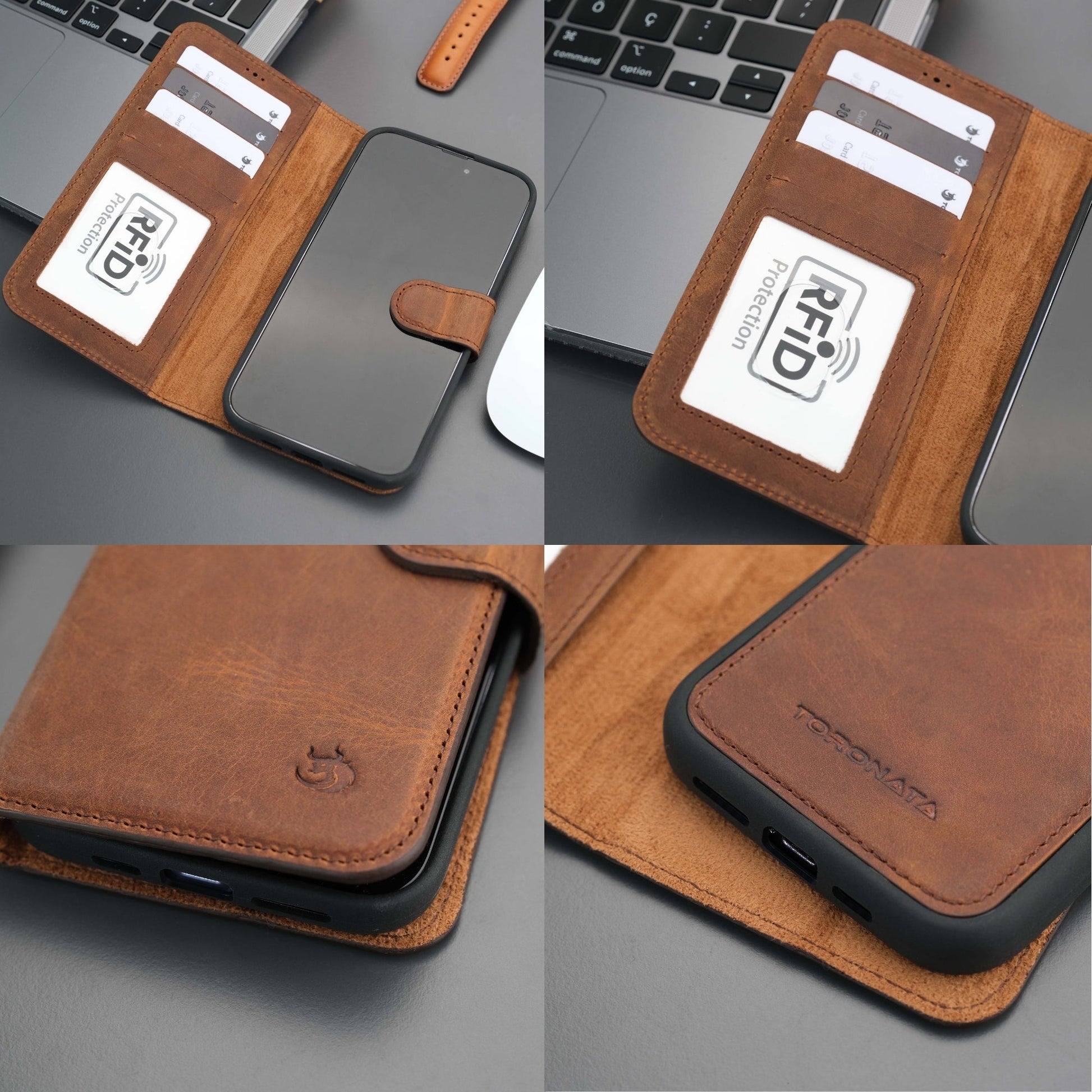 Coque portefeuille en cuir marron : détails du rabat, couture et fentes pour cartes.