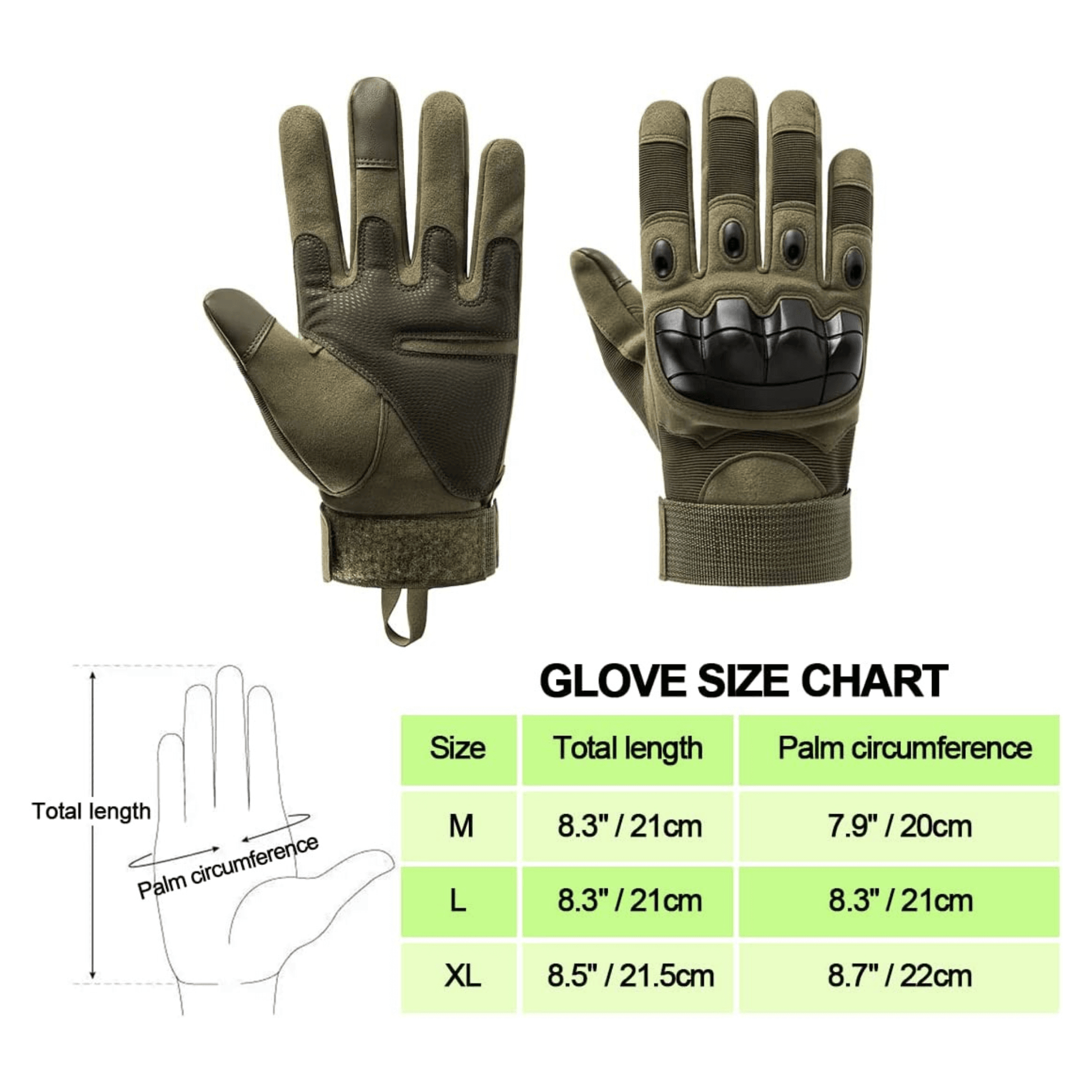 Paire de gants tactiques kaki à renforts noirs, paume et dos visibles.