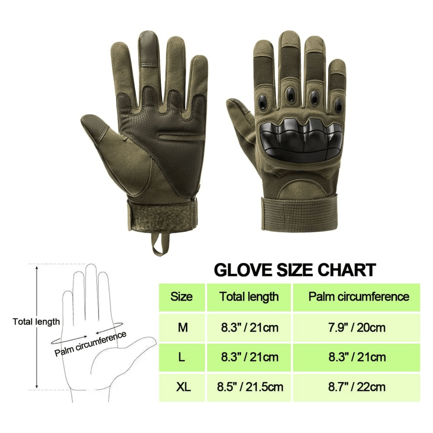 Gants tactiques JupiterGear vert olive, vue paume et dos, poignet élastique.