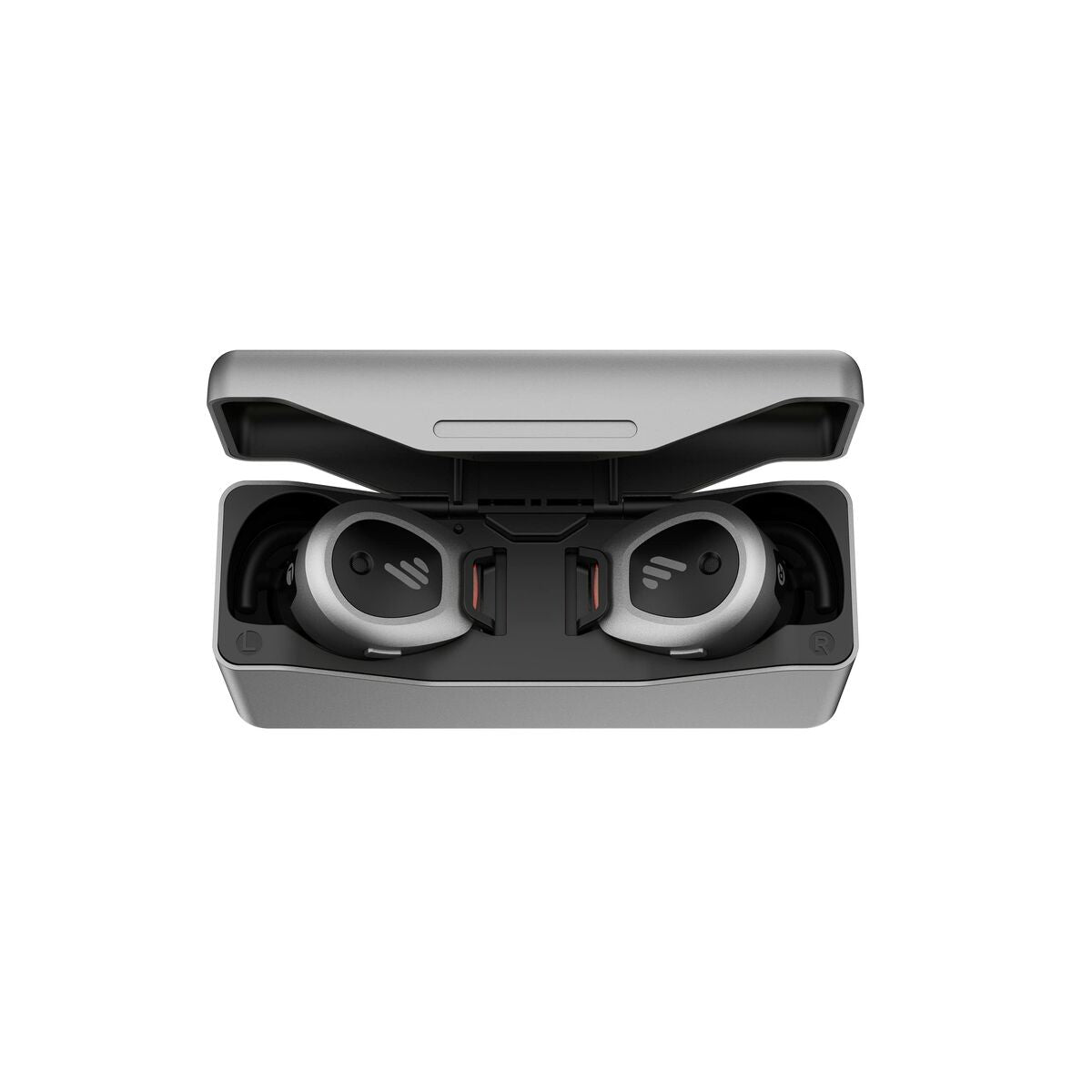 Casque Bluetooth Edifier : écouteurs intra-auriculaires dans étui gris ouvert