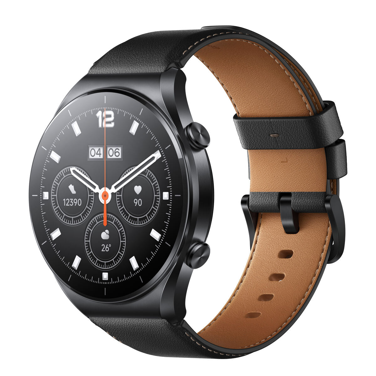 Montre connectée Xiaomi Watch S1 Black : cadran noir, bracelet cuir noir et brun percé.