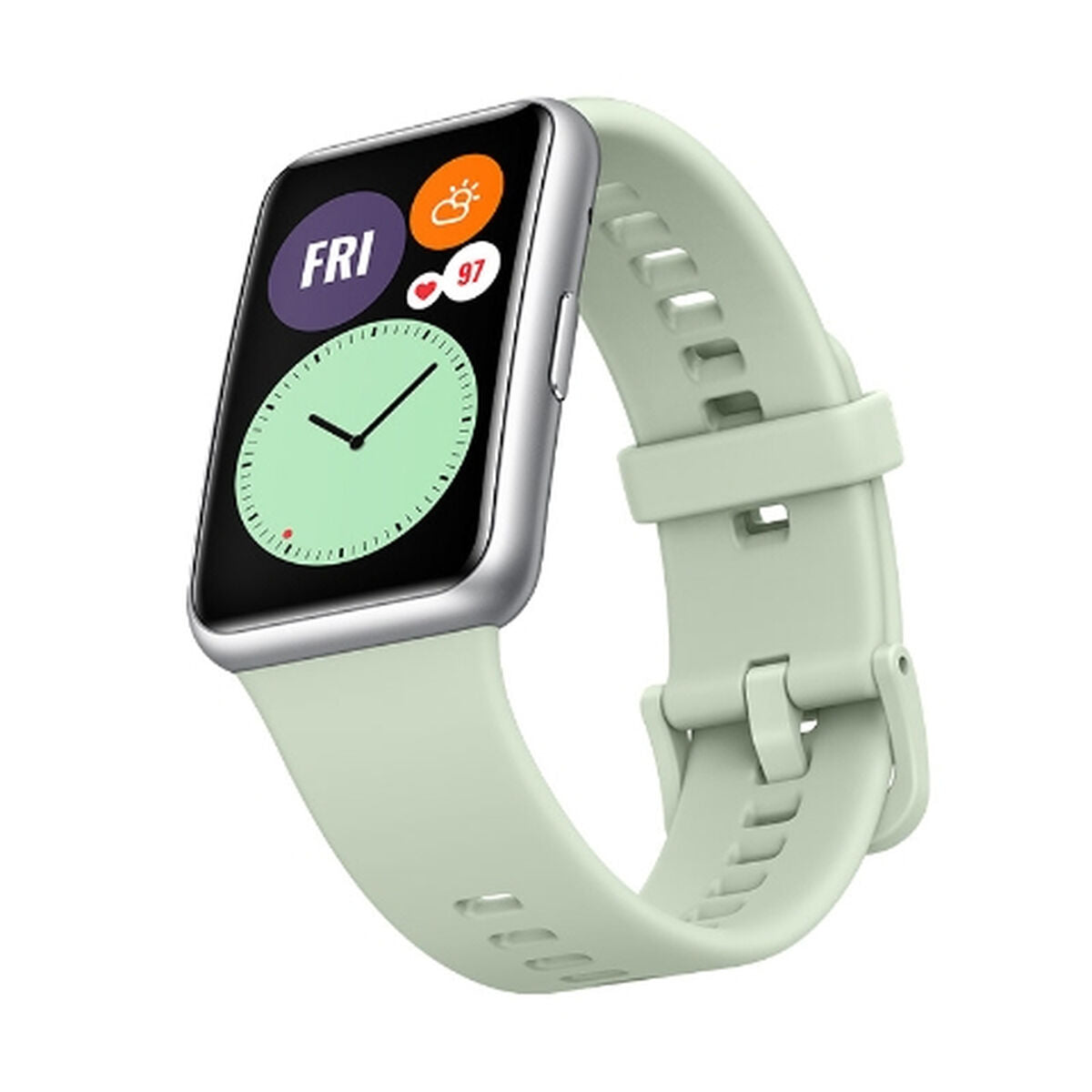 Montre connectée Huawei Watch Fit vue de côté, bracelet vert clair, cadran noir
