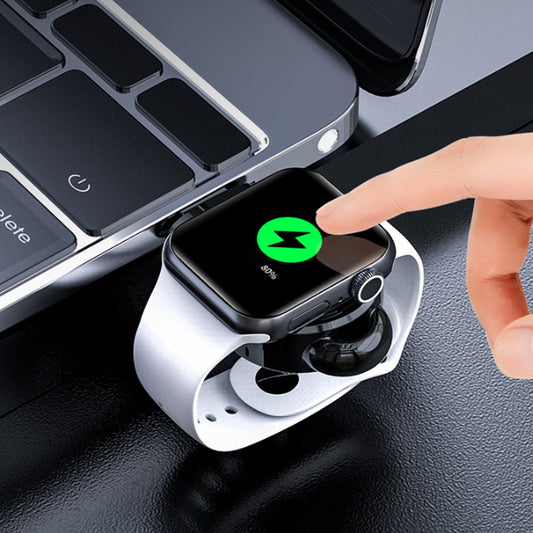 Chargeur USB compact noir pour Apple Watch, avec voyant vert et support arrondi