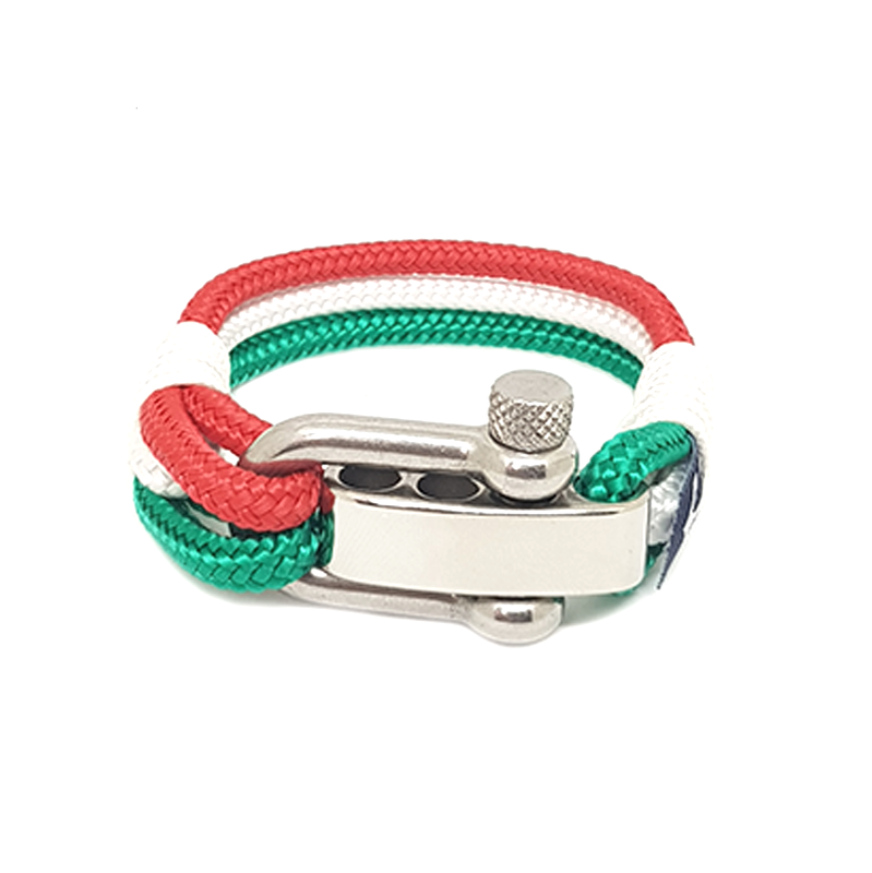Bracelet nautique réglable avec cordon tressé rouge, blanc et vert, fermoir métal