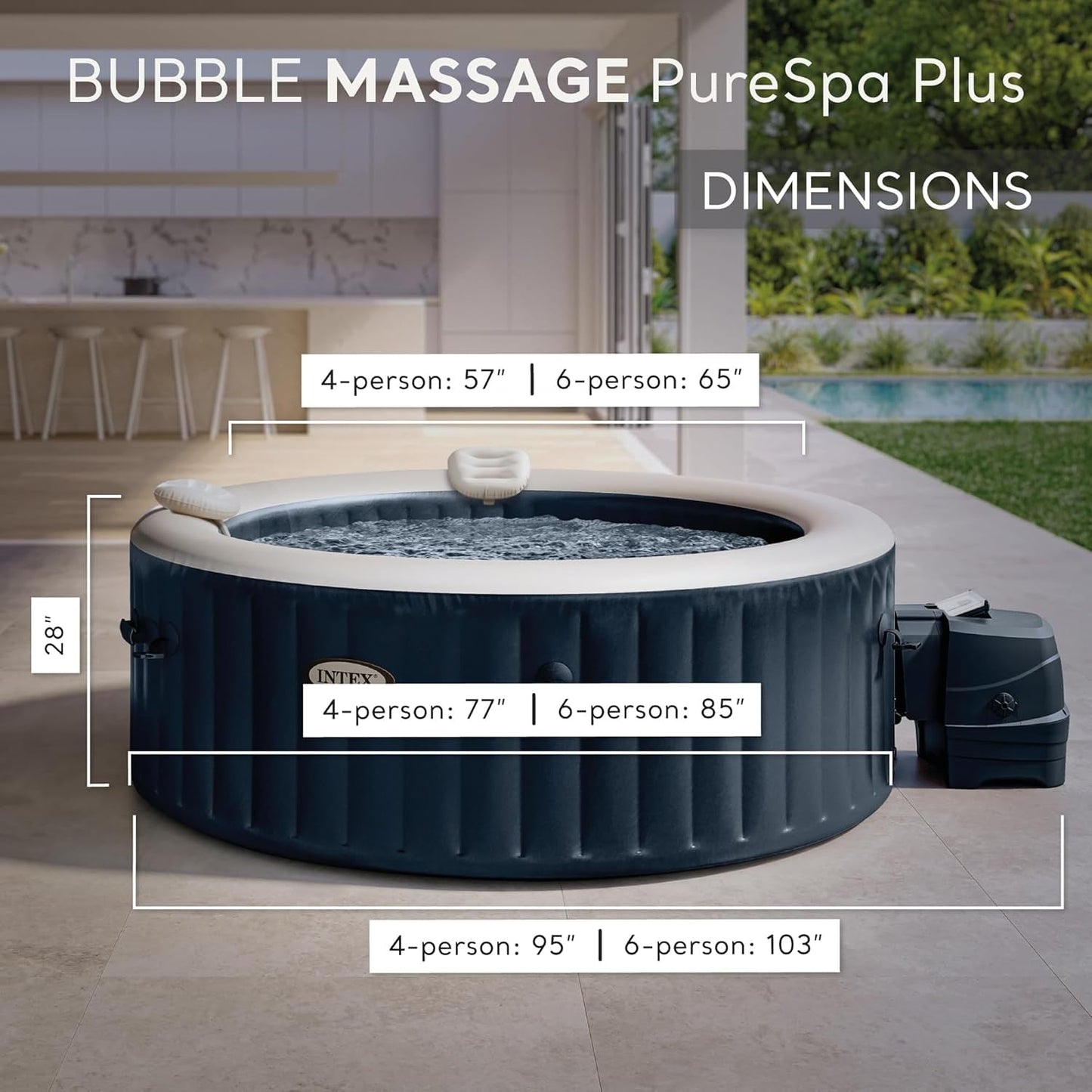 Spa gonflable rond bleu cobalt avec deux appuis-tête et cuve de massage à bulles