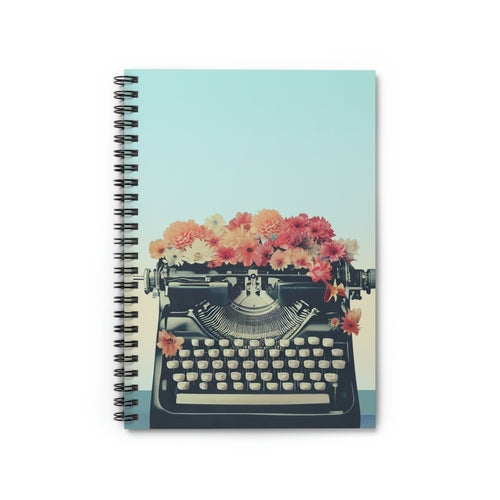 Carnet à spirale bleu menthe, couverture machine à écrire noire et fleurs pastel, aspect rétro