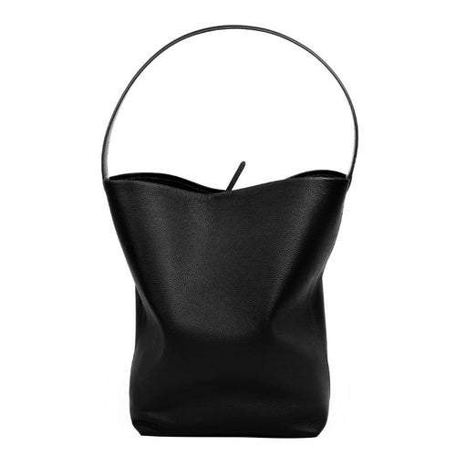 Sac seau en cuir Ideluxe™ noir, grand format, anses courbes, cordon à l’ouverture