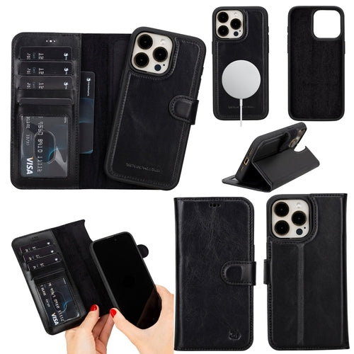 Coque portefeuille en cuir noir pour iPhone 14 Pro Max, rabat avec support et protection RFID.