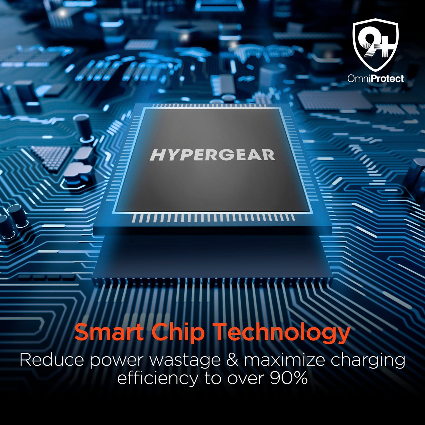 Circuit imprimé avec puce de charge HYPERGEAR et logo OmniProtect