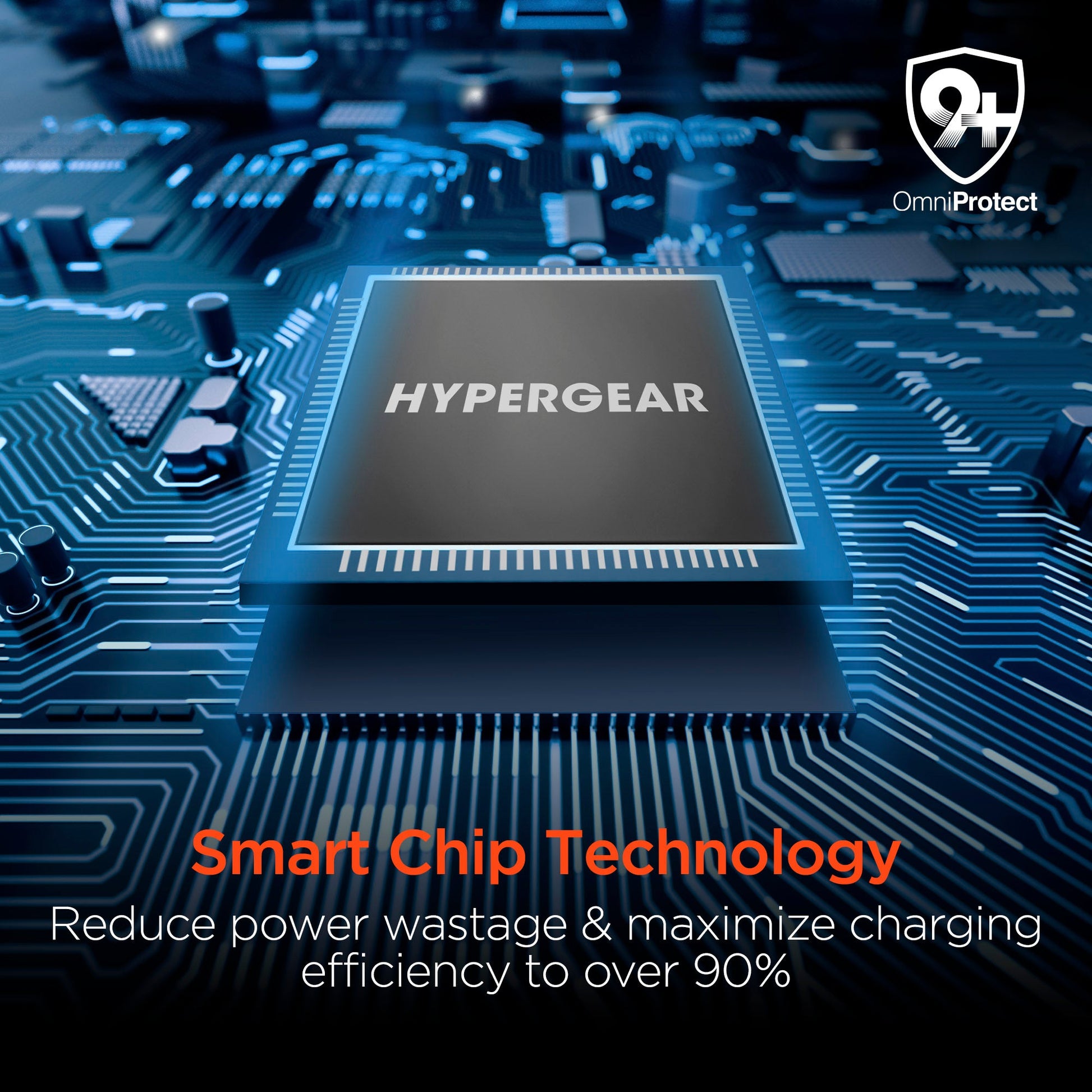 Circuit imprimé avec puce de charge HYPERGEAR et logo OmniProtect