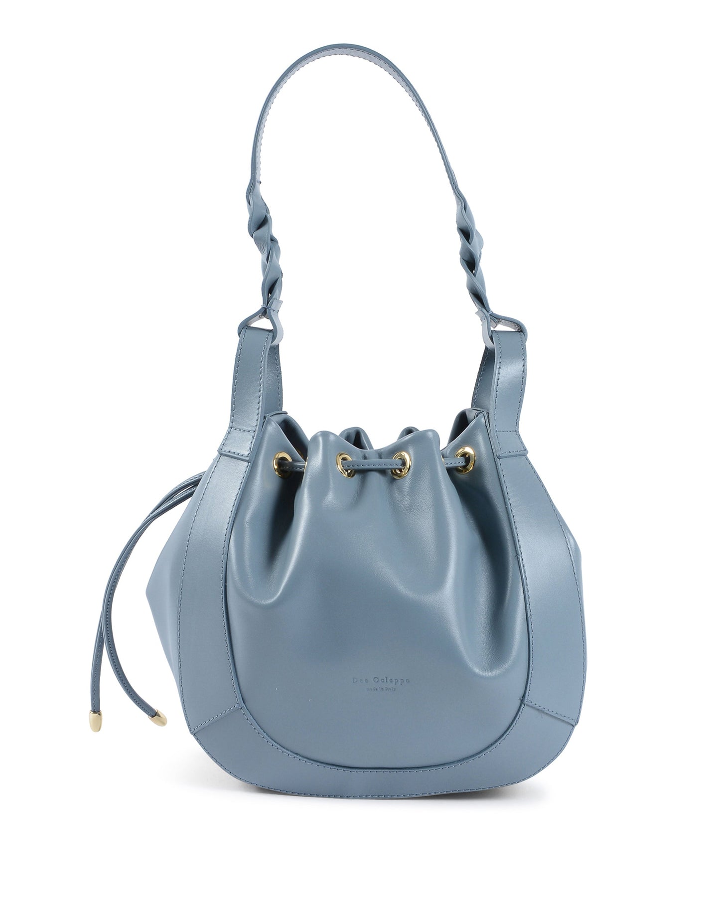 Sac seau en cuir bleu clair, anses torsadées, cordons dorés et fermeture à coulisse.