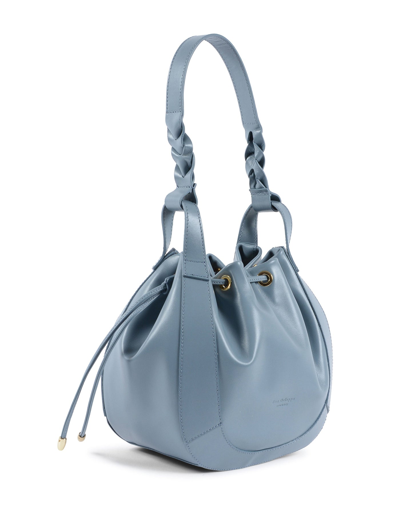 Sac seau bleu clair, anses tressées, cordons à embouts dorés, forme bourse arrondie.