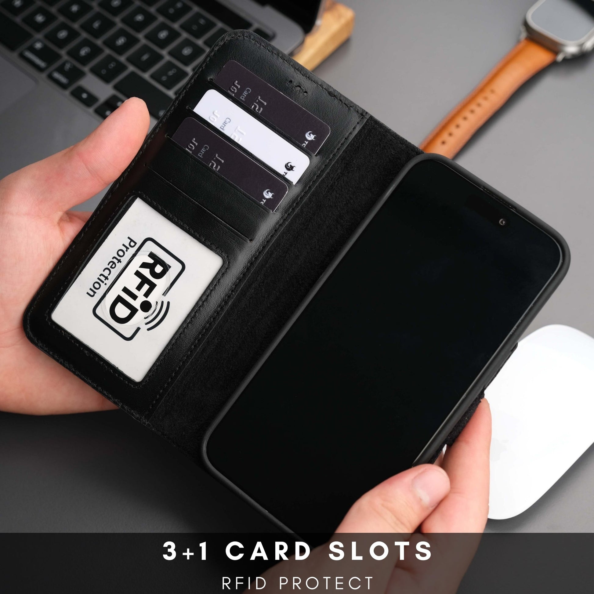 Coque portefeuille en cuir noir avec porte-cartes et protection RFID visible.