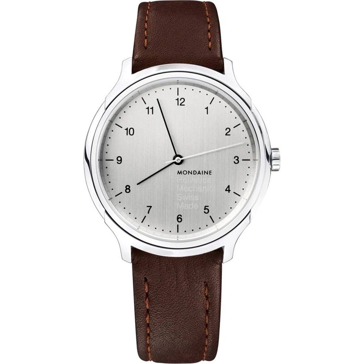 Montre homme cadran argenté et bracelet cuir marron, boîtier rond argent, chiffres arabes.