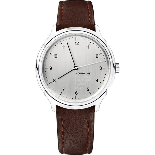 Montre homme cadran argenté et bracelet cuir marron, boîtier rond argent, chiffres arabes.