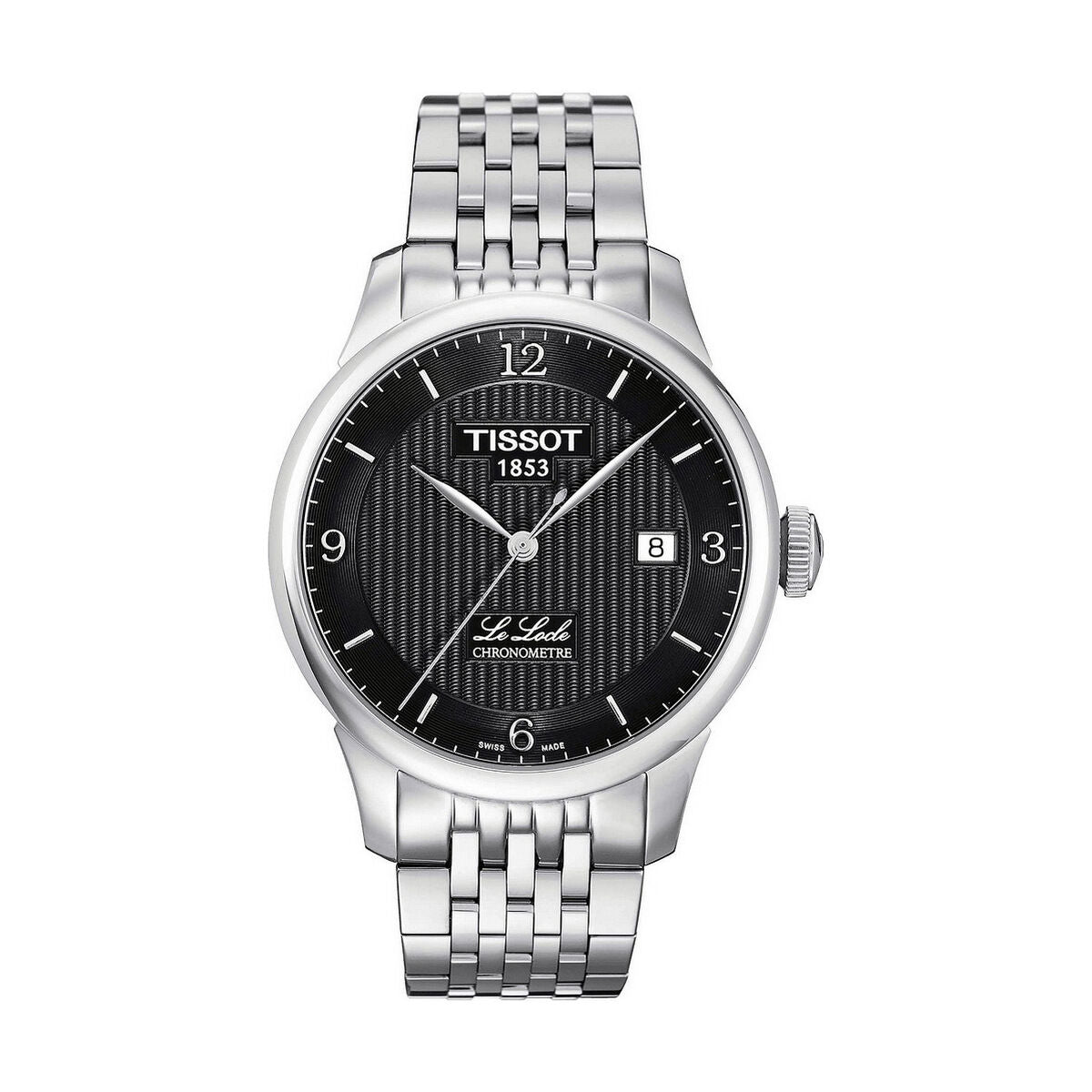Montre homme Tissot Le Locle à cadran noir, lunette argent, bracelet acier, guichet date