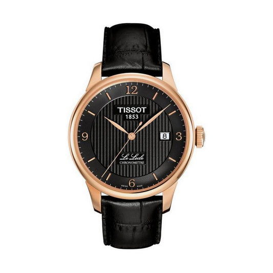 Montre Tissot Le Locle homme à cadran noir et bracelet cuir noir, boîtier rosé, date à 3h.