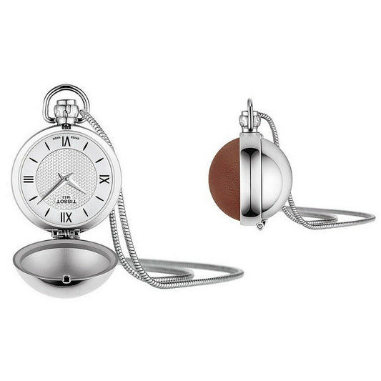 Montre de poche argentée à cadran blanc, chaîne tressée et boîtier ouvert