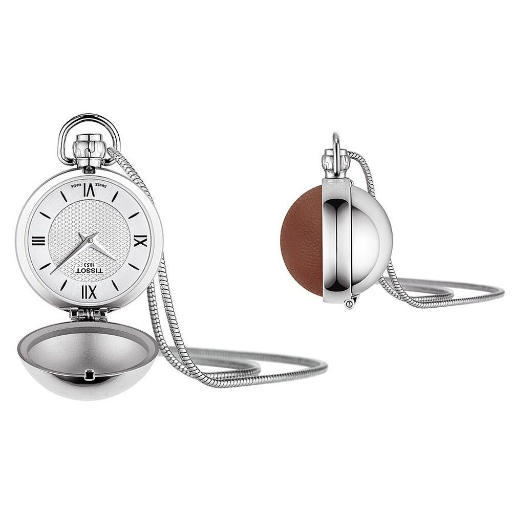 Montre de poche argentée avec cadran blanc et chaîne tressée, vue latérale