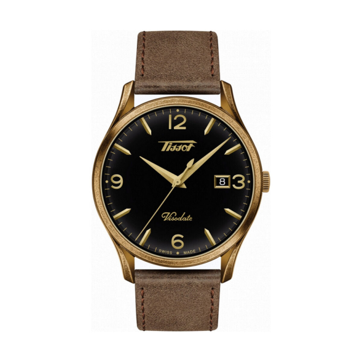 Montre-bracelet Tissot Visodate à cadran noir, boîtier doré, bracelet cuir brun.