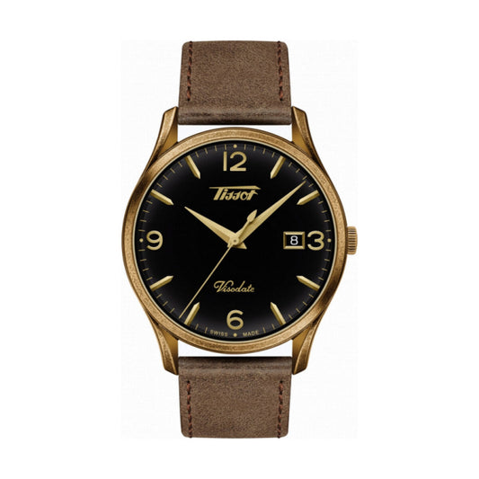 Montre-bracelet Tissot Visodate à cadran noir, boîtier doré, bracelet cuir brun.