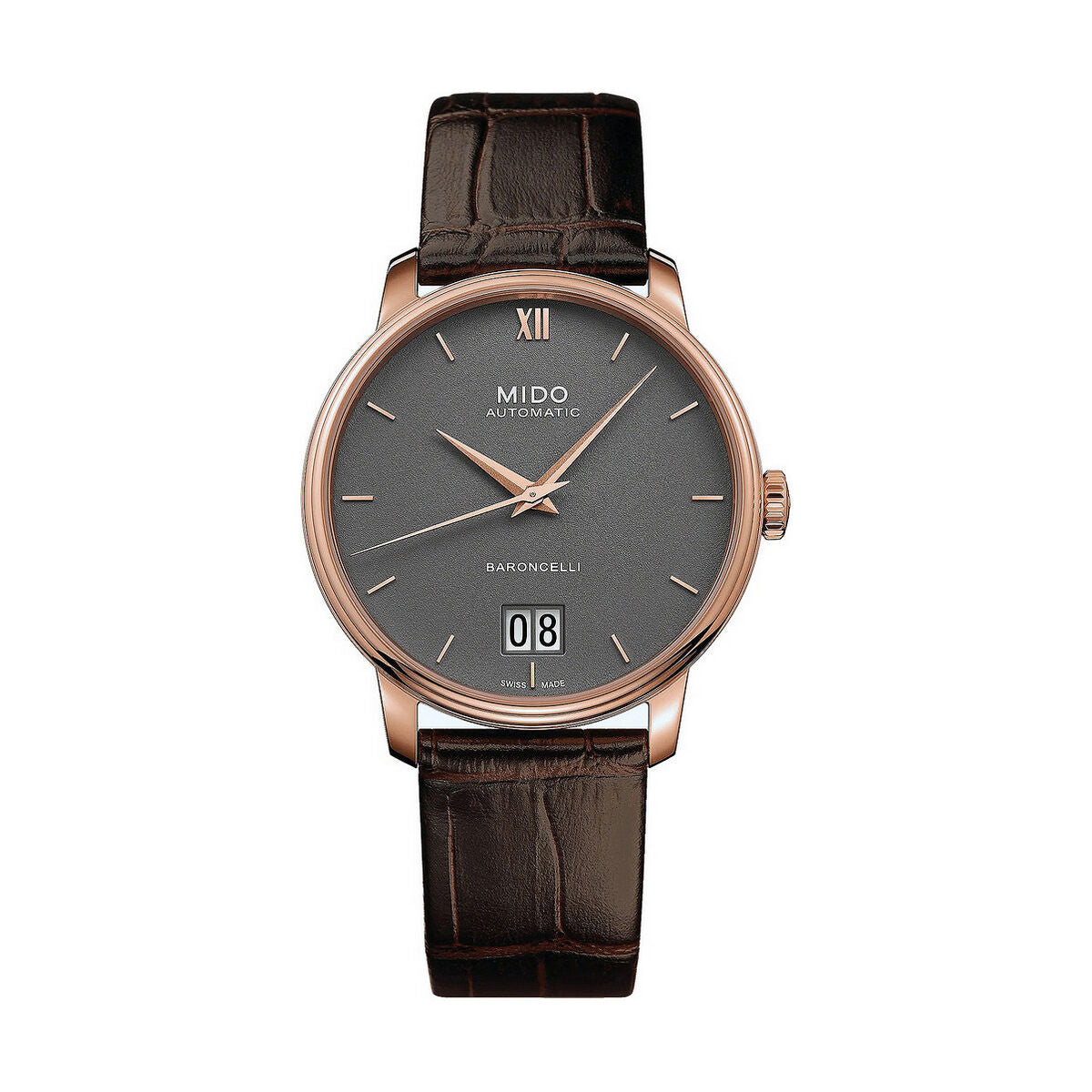 Montre Mido à boîtier doré rose et cadran sombre, bracelet cuir brun, Ø 40 mm.