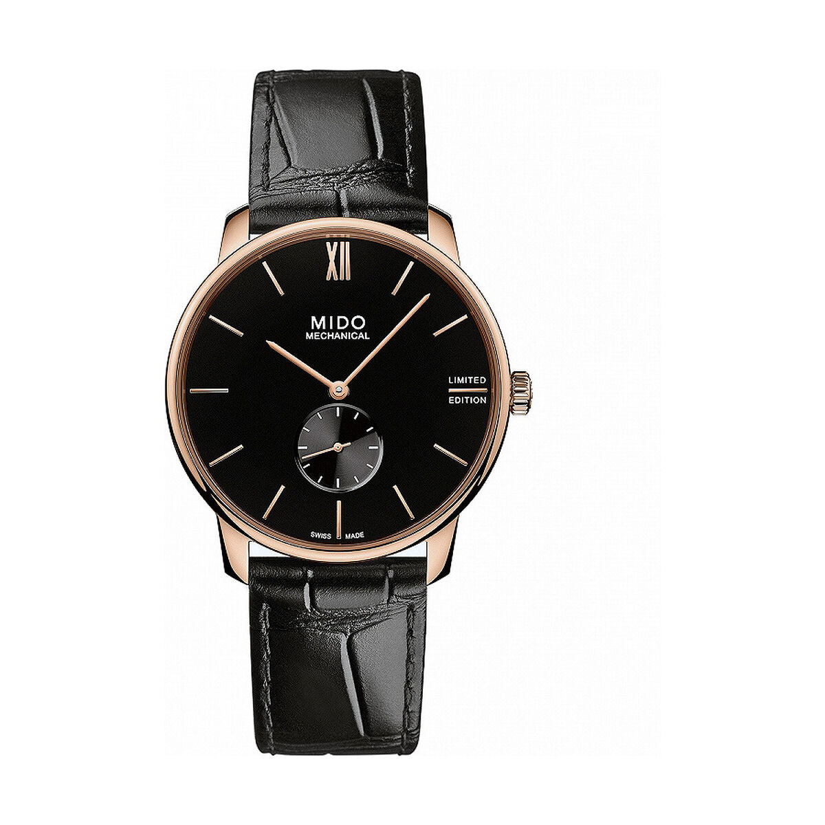 Montre homme Mido cadran noir, bracelet cuir noir, boîtier rose, index romains
