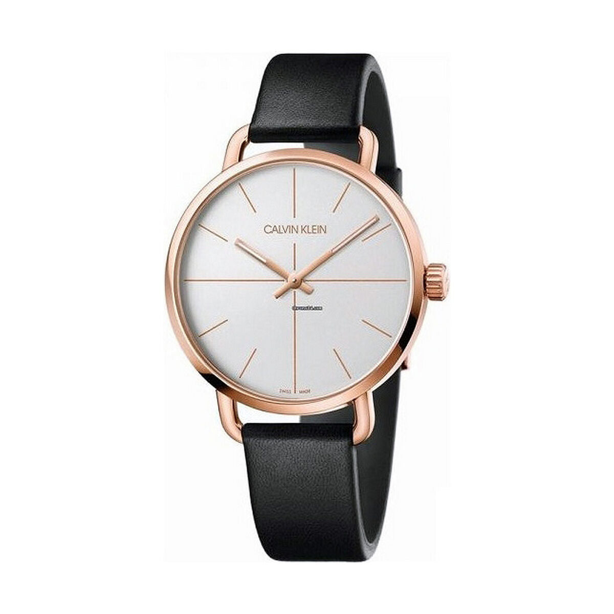 Montre pour homme Calvin Klein EVEN, boîtier rosé, cadran blanc, bracelet cuir noir