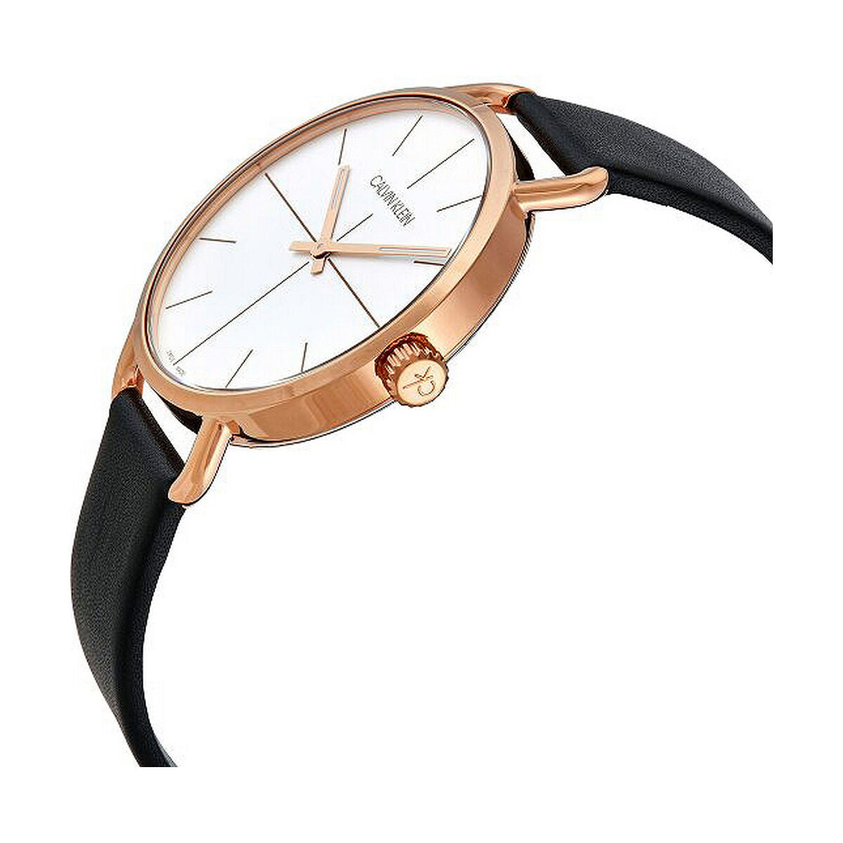 Montre à cadran blanc, aiguilles dorées rosé, bracelet cuir noir