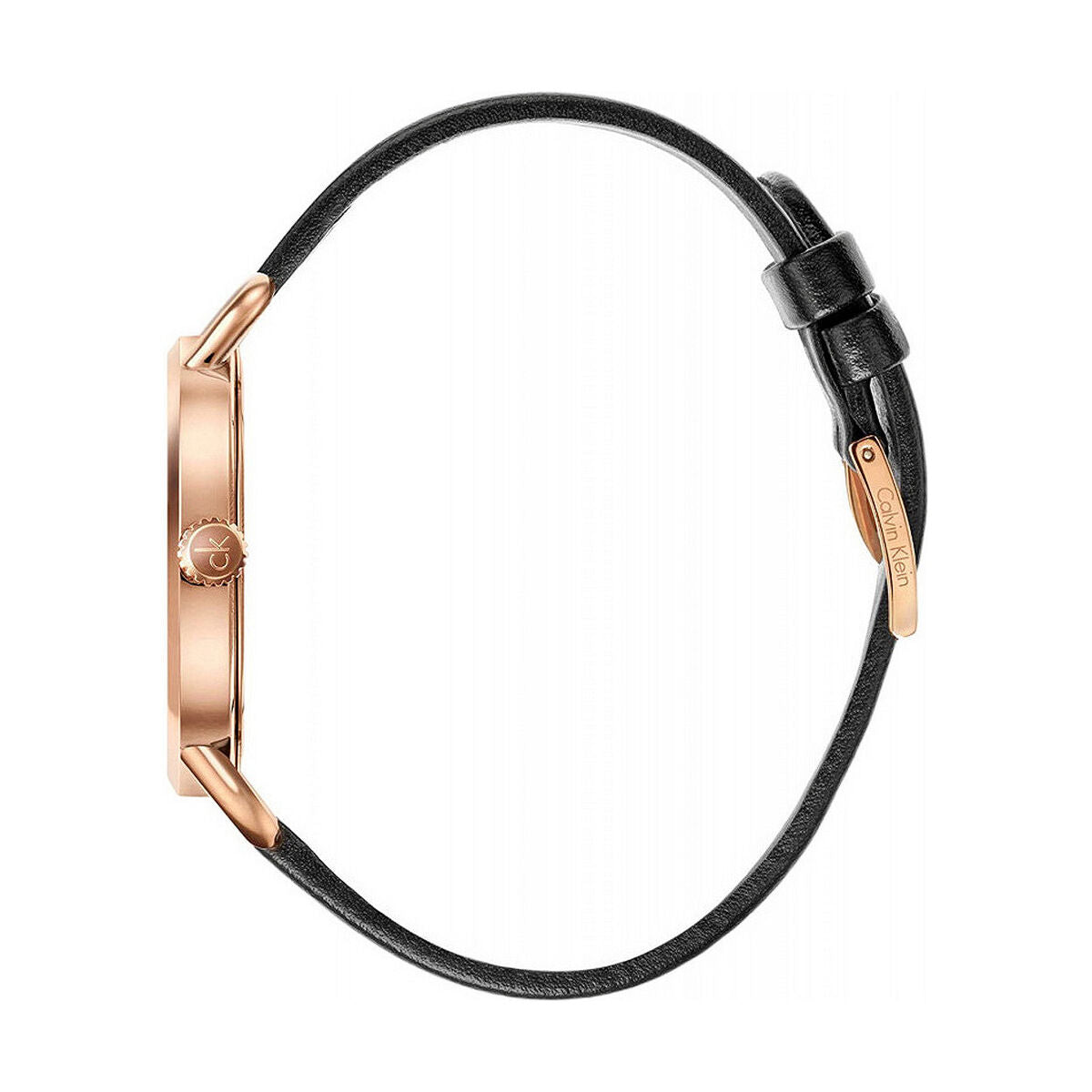 Montre à boîtier doré rosé, couronne latérale et bracelet cuir noir