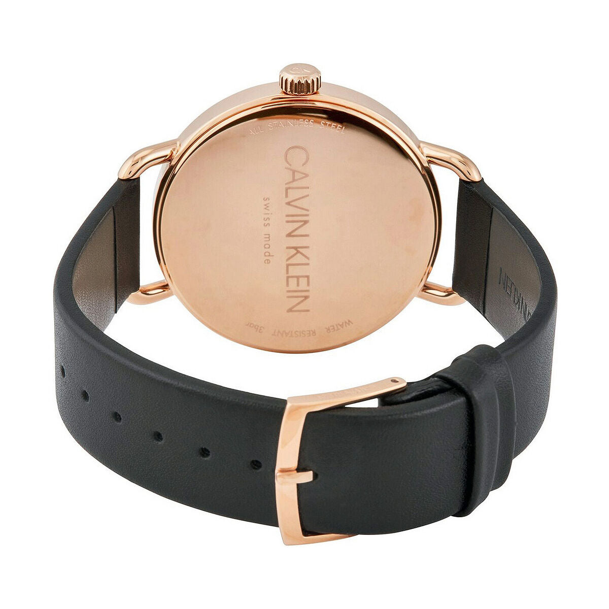 Montre avec bracelet cuir noir et boucle dorée rosé, fond de boîtier gravé