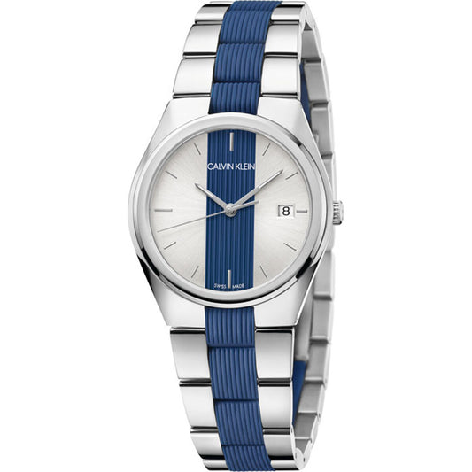 Montre Calvin Klein pour femme, cadran blanc, bracelet bleu et acier, Ø34 mm