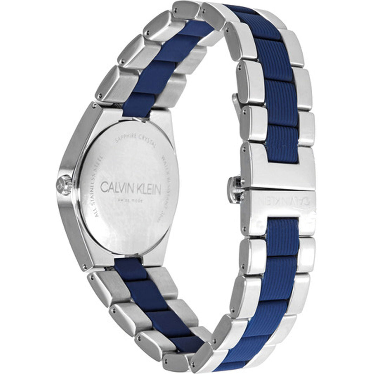 Montre Calvin Klein, bracelet bleu à maillons et boîtier acier, vue de côté
