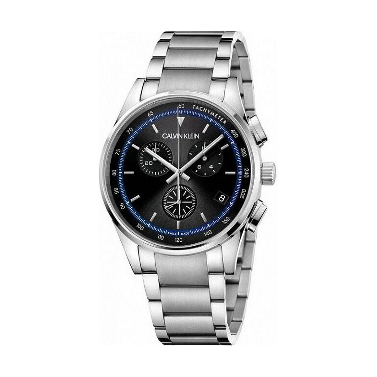 Montre quartz homme en acier, cadran noir à chronographe et détails bleutés.