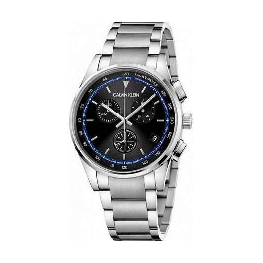 Montre quartz homme en acier, cadran noir à chronographe et détails bleutés.