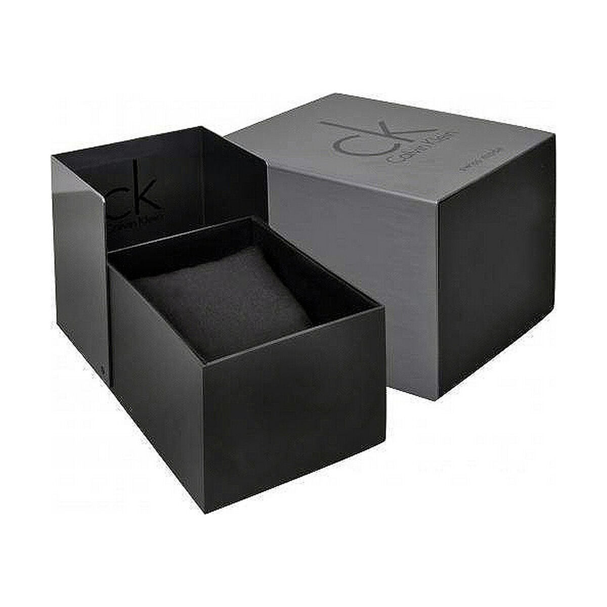 Boîtes cadeau Calvin Klein noires avec logo CK, couvercle gris.