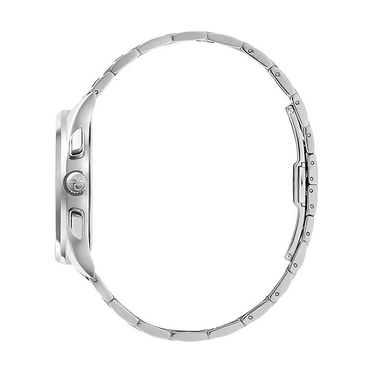 Montre en acier vue arrière : boîtier et maillons du bracelet, repères de fixation.