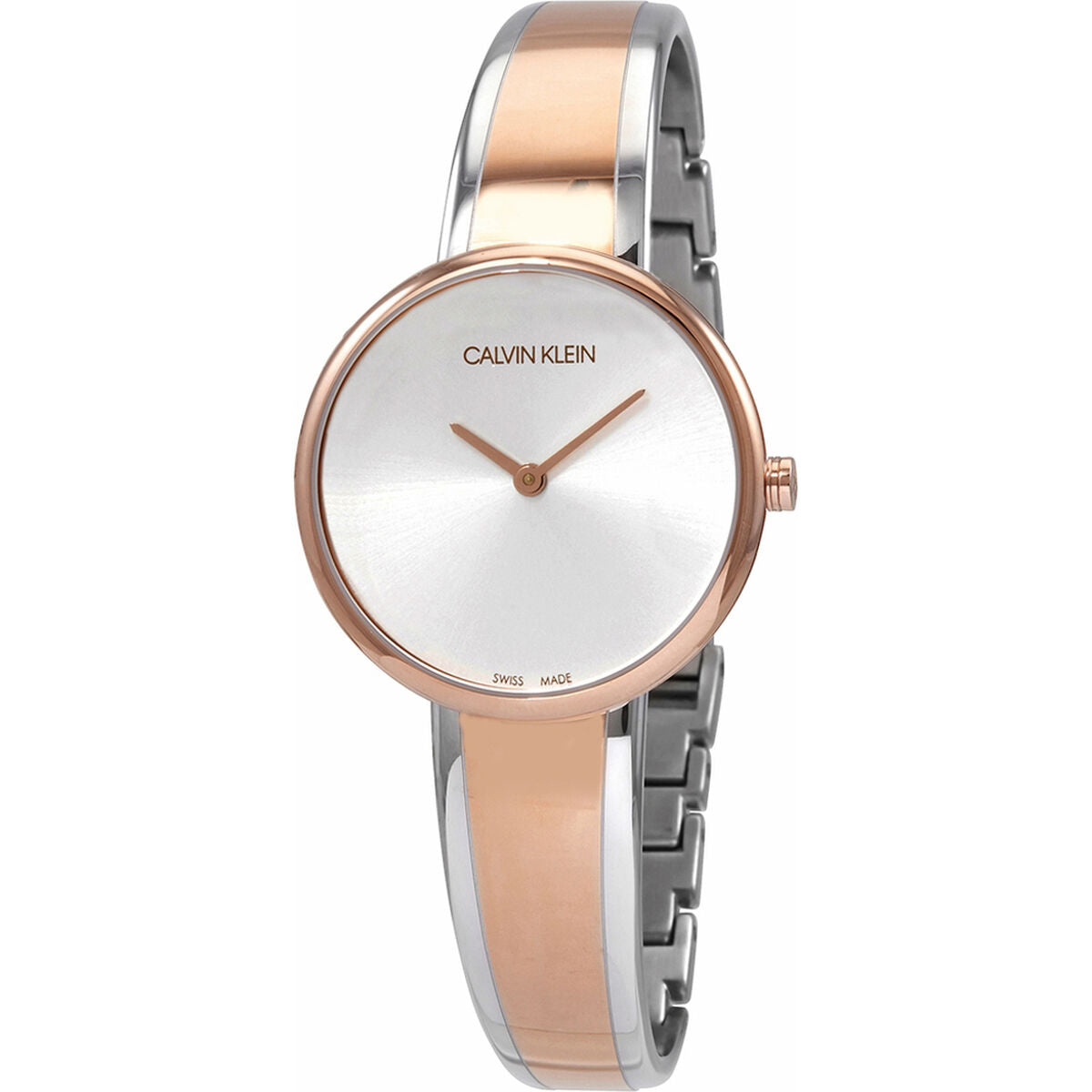 Montre femme Calvin Klein cadran blanc, boîtier rosé, bracelet bicolore acier