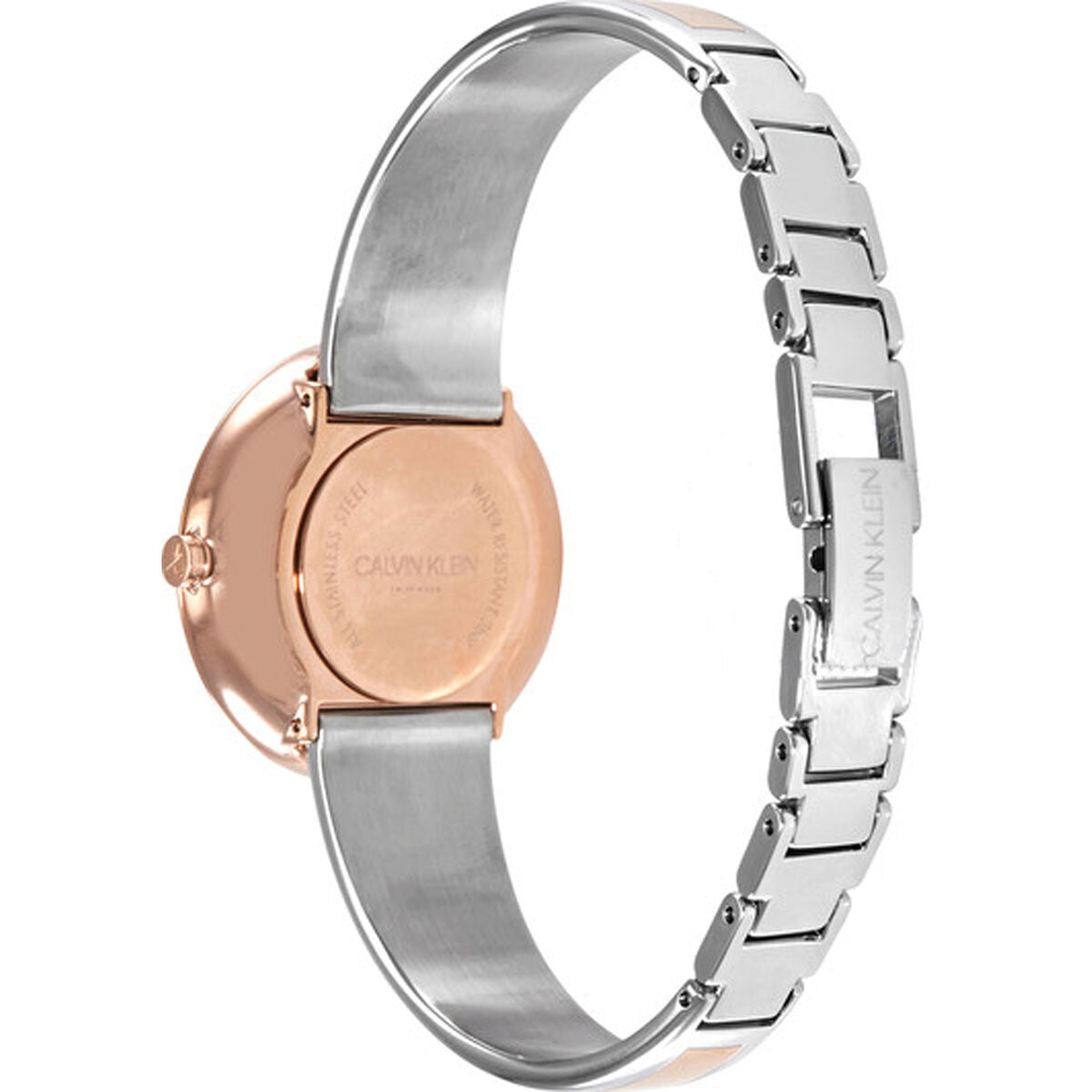 Montre Calvin Klein vue latérale, lunette rosé, bracelet acier argenté à maillons