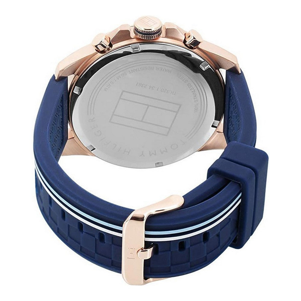 Montre unisexe vue dos : boîtier or rose et bracelet silicone bleu