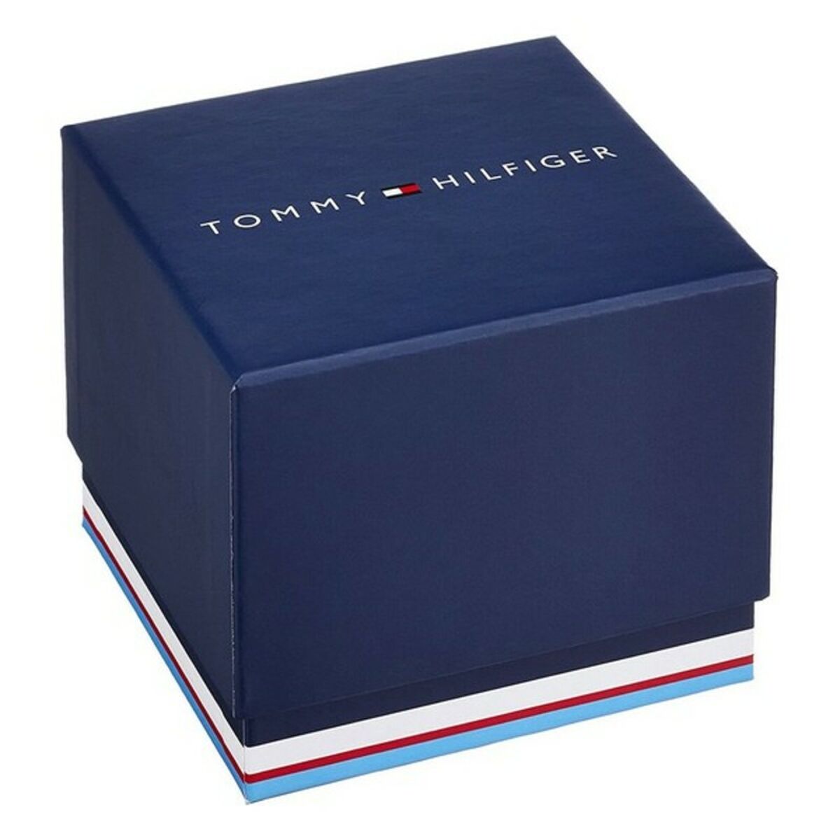 Boîte cadeau bleue Tommy Hilfiger avec logo et rayures rouge-blanc au socle