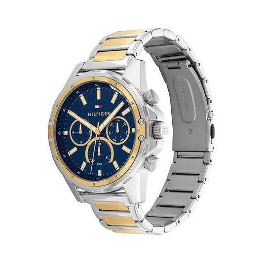 Montre Tommy Hilfiger homme cadran bleu et bracelet acier doré/argenté, Ø46 mm