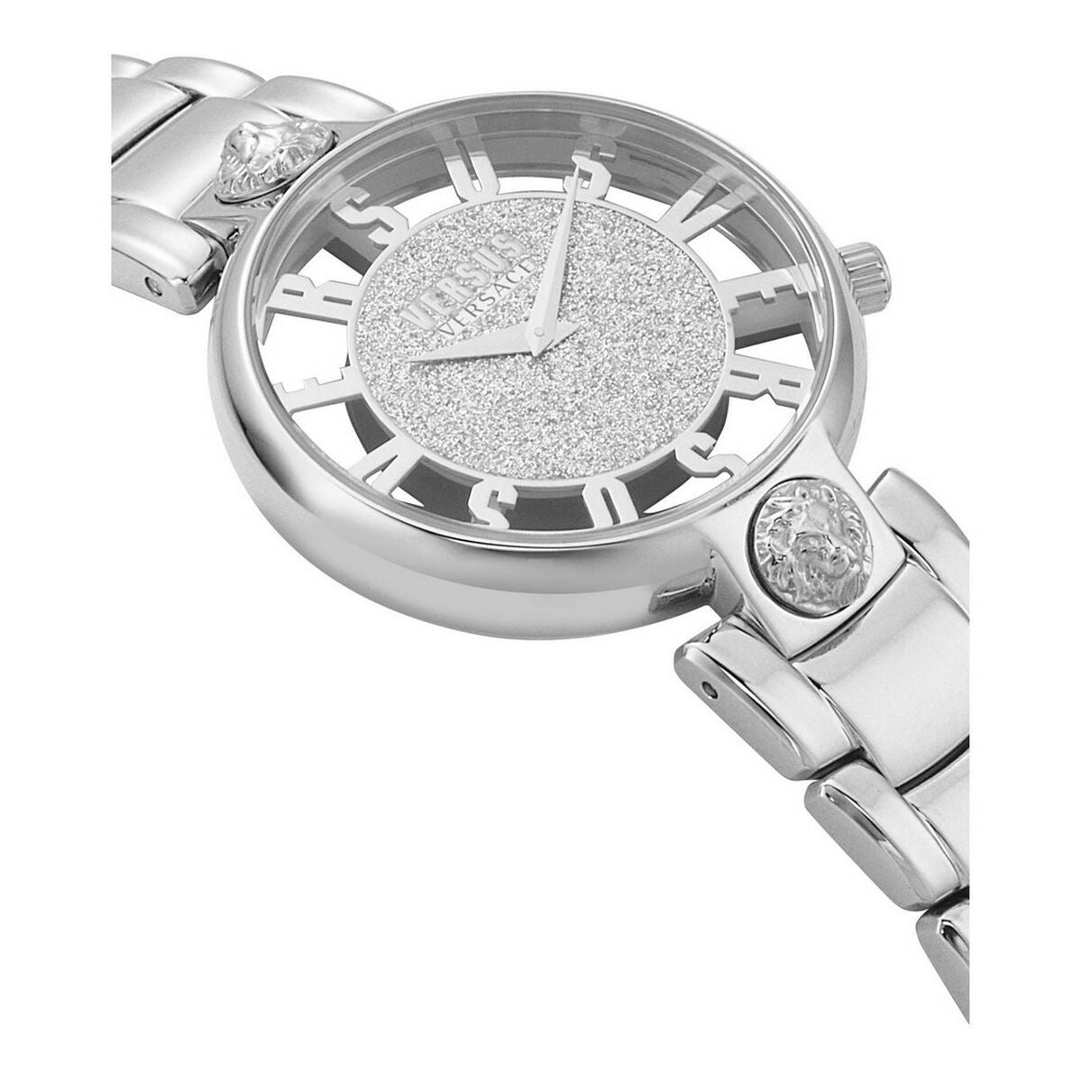 Montre Versus Versace gros plan cadran pailleté et bracelet métal argenté