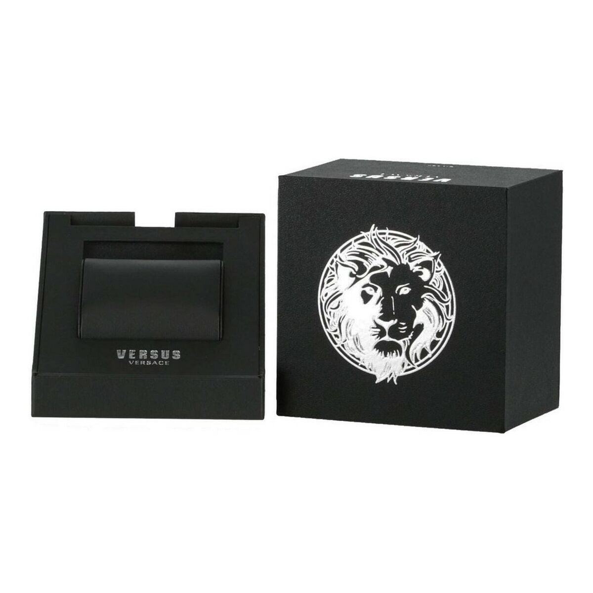 Boîte et écrin noir Versus Versace, logo lion gravé
