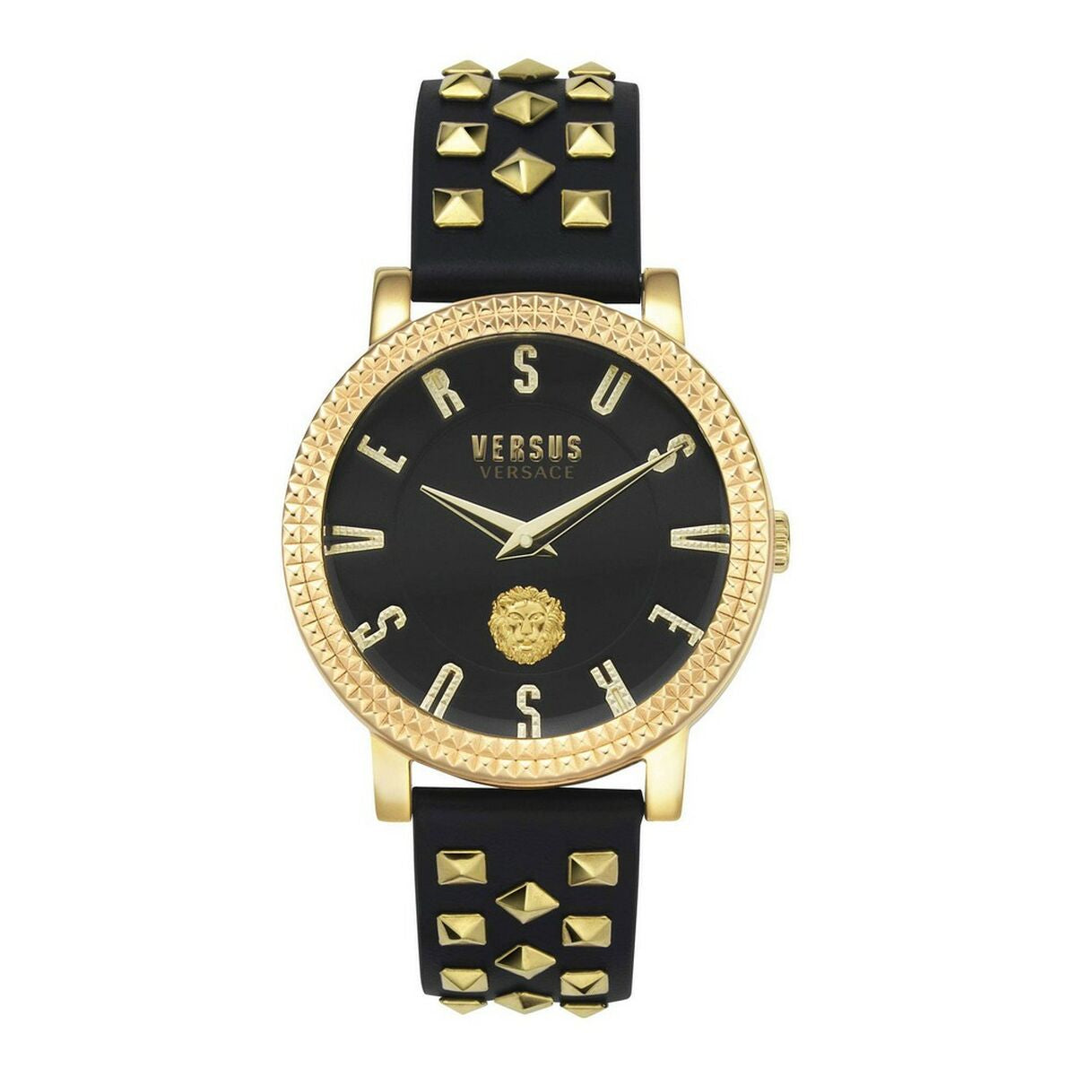 Montre femme à cadran noir, boîtier doré et bracelet en cuir noir à clous