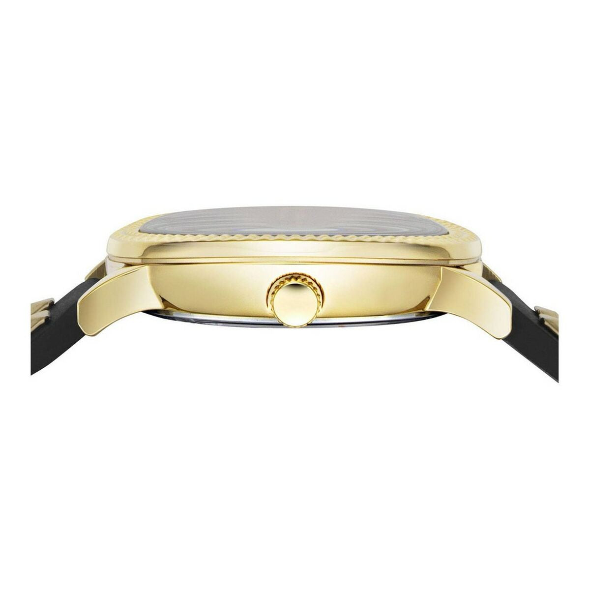 Montre: boîtier doré bombé, couronne ronde et bracelet en cuir noir