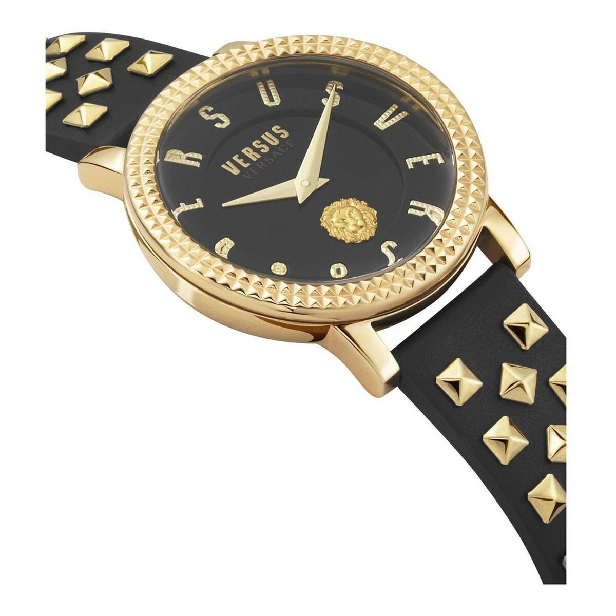 Montre au cadran noir, boîtier doré texturé et bracelet en cuir noir clouté